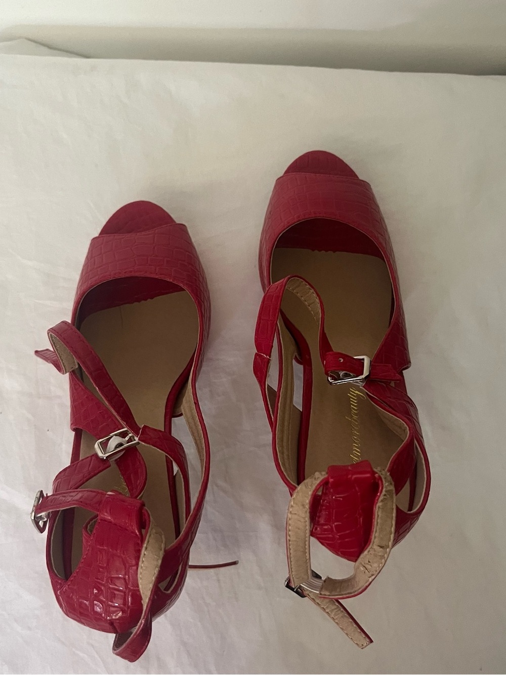 Red Faux-Croc Peep-Toe Ankle Strap Heels - Picture 4 of 6